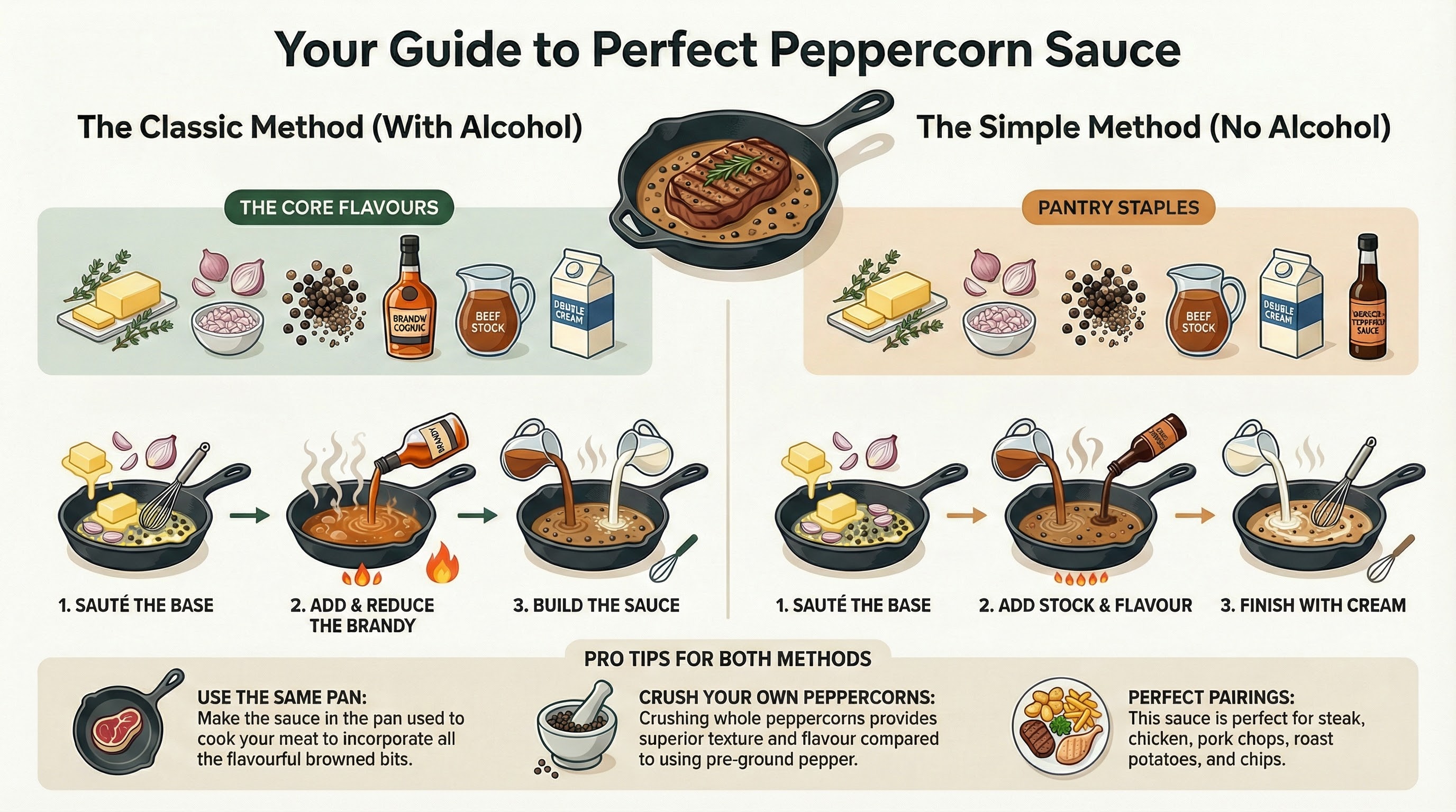Creamy peppercorn sauce being poured over a perfectly seared steak