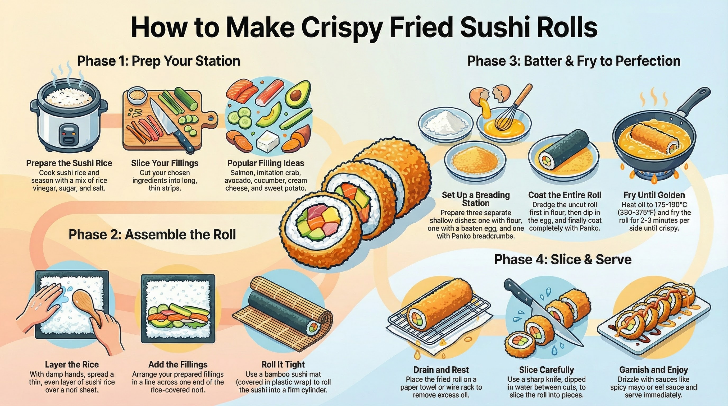 Golden crispy fried sushi rolls with tempura batter, sliced to show fresh filling inside